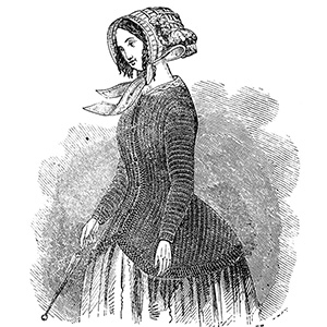 Engraving of woman in crocheted polka jacket circa 1850. Original engraving from Treasures in Needlework published in England in 1855.